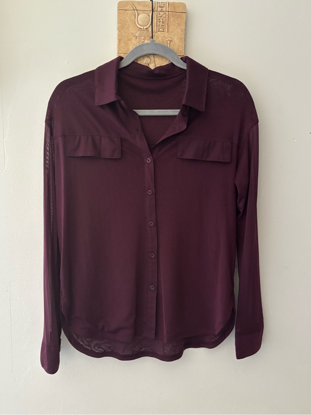 Calvin Klein Mesh Button-Front Long-Sleeve Blouse in Aubergine size M-XL